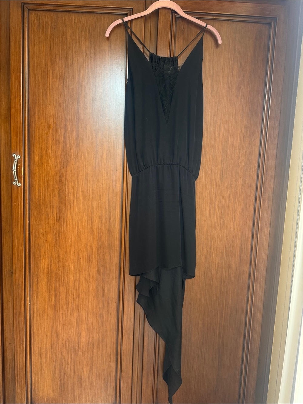 Black Asymmetrical High-Low Slip Dress with Lace V-Front